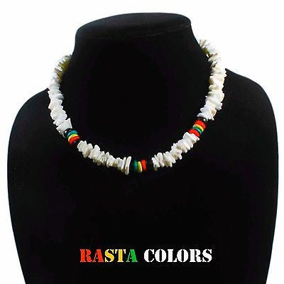 Wood Cross Pendant on Rasta Coconut & Puka Shell Beads Necklace