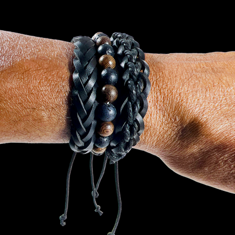 3 Bracelet Bundle Braided Adjustable String Faux Leather & Stretch Fit Wood Bead
