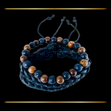 3 Bracelet Bundle Braided Adjustable String Faux Leather & Stretch Fit Wood Bead
