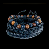 3 Bracelet Bundle Braided Adjustable String Faux Leather & Stretch Fit Wood Bead