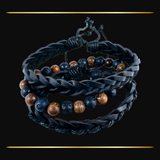 3 Bracelet Bundle Braided Adjustable String Faux Leather & Stretch Fit Wood Bead