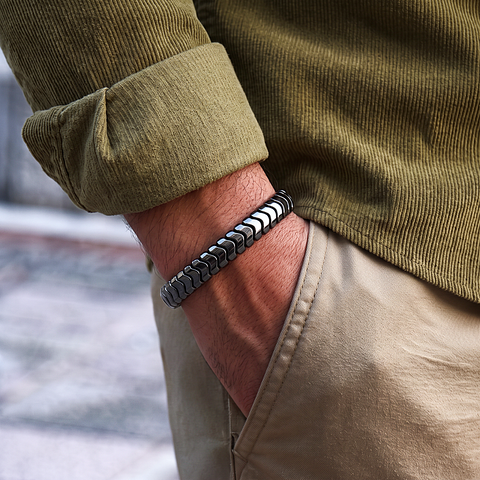 Hematite Stone Bracelet 5mm Braided Chevron Gunmetal Gray Stretch Unisex Braid
