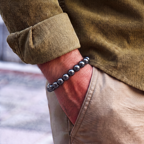 Hematite Stone Bracelet 8mm Round Bead Metallic Gunmetal Gray Stretch Unisex