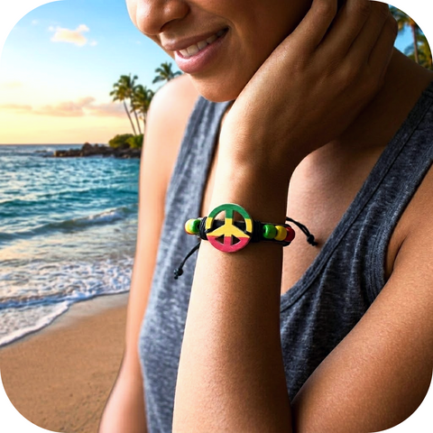 Rasta Fashion Bracelet Leather Wrist Cuff Peace Sign Emblem Jamaica Reggae IRIE