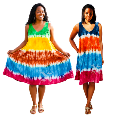 Tie Dye Dresses Women Ladies Beach Hawaii Jamaica Cotton Midi Dress Free Size