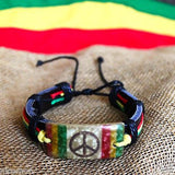 Rasta Fashion Bracelet Leather Wrist Cuff Peace Sign Emblem Jamaica Reggae IRIE