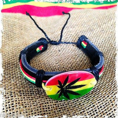 Rasta Fashion Bracelet Leather Wrist Cuff Canna Weed Leaf Emblem Bob Reggae IRIE