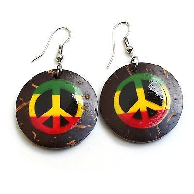 Rasta Peace Sign Coconut Earrings Royal Empress One Love Marley Reggae Jamaica NEW