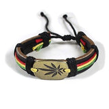 Rasta Leather Wrist Cuff Canna Leaf Emblem Wrist Bracelet Bob Reggae IRIE