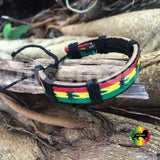 Rasta Black Leather Wrist Cuff Canna Leaf Emblem Wrist Bracelet Bob Reggae IRIE