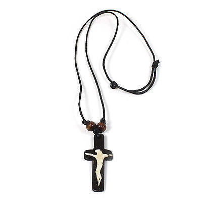 Jesus Necklace Black Leather Cord Rustic Cross Pendant Our Lord Savior NECKLACE