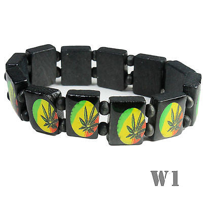Rasta Laquer Finish Ganja Leaf Bracelet Hippie Reggae Jamaica One Love Bob IRIE