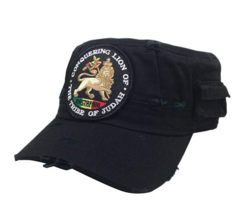 Vintage Tear Rasta Military Army Cadet Cap Hat Lion Of Judah Sellassie FITTED