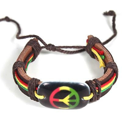Rasta Leather Wrist Cuff Peace Sign Emblem Wrist Bracelet Hippie Bob Reggae IRIE